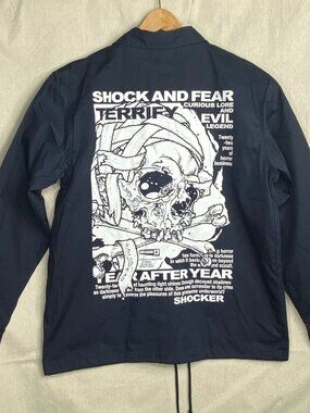 Shocker Pushead Bandage Skull Coach Jacket Mens Large Navy Blue Snap Front